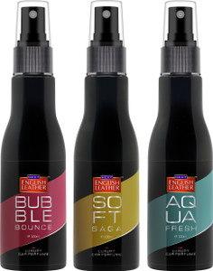 NEXT English Leather Bubble Bounce, Aqua Fresh and Soft Saga Tripack, Long Lasting Air Car Freshener Spray Bubble Bounce Aqua Fresh Soft Saga Car Freshener