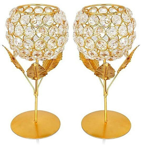 ROYAL MIRZA CREATION Crystal Beaded Golden Metal Tealight Candle Holders Iron, Glass 2 - Cup Candle Holder Set