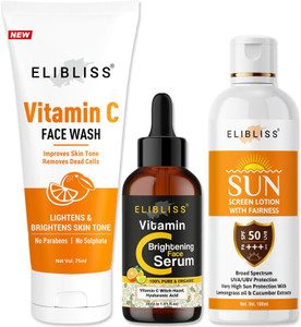 ELIBLISS Vitamin C Combo Face Wash, Face Serum & Sunscreen Lotion for Glow Boosting, Tan Protection