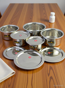 RAMILA Pack of 10 Stainless Steel Dinner Set Patila With Lid,Steel Set Dinner Set