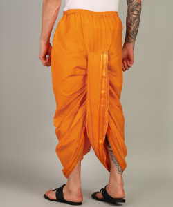 AKESHAVAM Mens Kesari Colour Panjakejam Readymade Golden Zari Border Dhoti Free size Silk Embroidered, Striped, Solid Men Dhoti