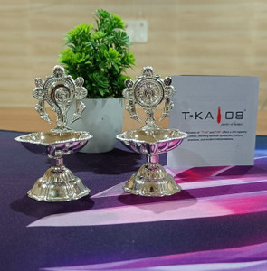 T-KA108 German Silver Diya for Puja Arti Deepak Deepam Oil Lamp-Shanku Chakra Vilakku Brass (Pack of 2) Table Diya Set