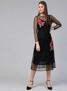 LIHANA Women A-line Black Midi/Calf Length Dress