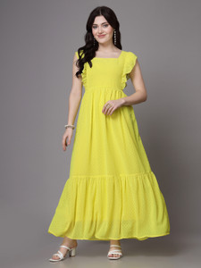 METRONAUT Women Fit and Flare Yellow Ankle Length Dress