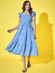BuyNewTrend Women Ruffled Light Blue Maxi/Full Length Dress