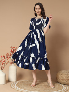 ZWERLON Women A-line Dark Blue Midi/Calf Length Dress