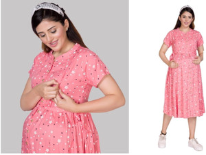 PUBAR Women Fit and Flare Pink, White Midi/Calf Length Dress