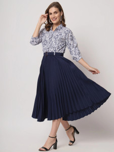 ZWERLON Women Fit and Flare Dark Blue, White Midi/Calf Length Dress