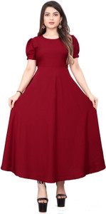 QUEUEE CREATION Women Fit and Flare Maroon Maxi/Full Length Dress