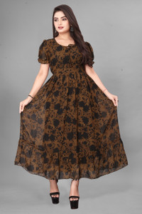 CHEMIFS ART Women Fit and Flare Brown Maxi/Full Length Dress