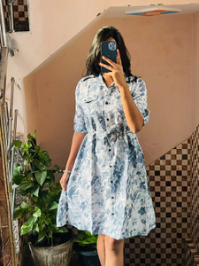 simran collections Women Fit and Flare Grey, Blue, White Knee Length Dress