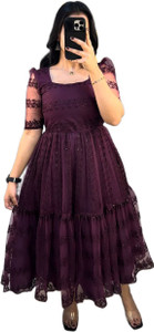 tushki fab Women Tiered Purple Maxi/Full Length Dress