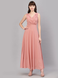 Herway Women Fit and Flare Pink Maxi/Full Length Dress