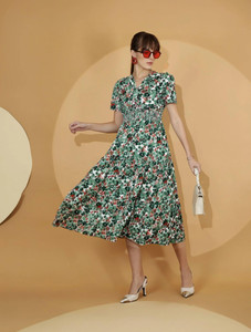 Honky Tonky Women Fit and Flare Green, Multicolor Midi/Calf Length Dress