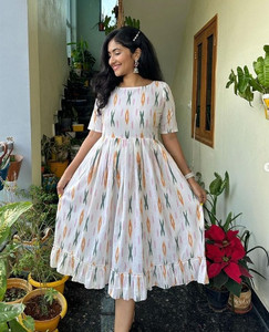 Balkhandi Women A-line White Midi/Calf Length Dress