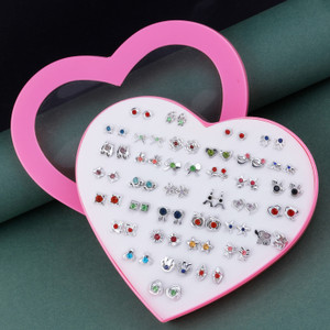 DIVINE 36 pair earrings stud combo with heart shape box for Girls. Plastic Stud Earring Plastic Stud Earring