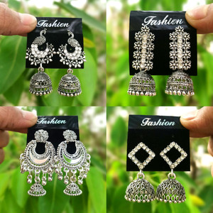 Janki Creation Latest Designer Oxidised Silver Jhumki Earrings & Studs Cubic Zirconia Alloy Chandbali Earring, Drops & Danglers, Jhumki Earring, Stud Earring, Earring Set
