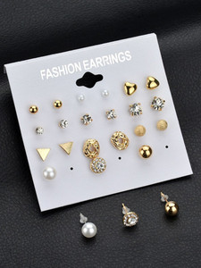 Vembley Combo Of 12 Pair Golden Studded Pearl Stud Crystal Alloy Stud Earring