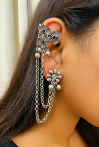 Alisha oxocraft Trendy Oxidised Silver Floral Ear Cuff with Multi-Chain Dangler | Zircon German Silver Cuff Earring