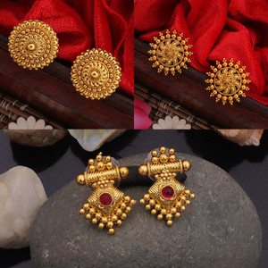 TAJONI 1 Gram Gold Plated Premium Oversize Studs Earrings tops 3 pcs combo For Women Alloy Stud Earring