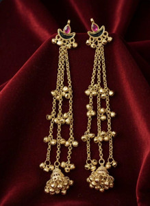 OXICRAFT GOLD FINISH FESTIVE EARRINGS WITH LAYERED CHAINS AND BEAD DETAILING Alloy Earring Set