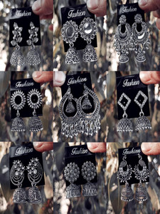 JV CREATION Silver (Pack Of 9) Latest Designer Trendy Cubic Zirconia Alloy Earring Set