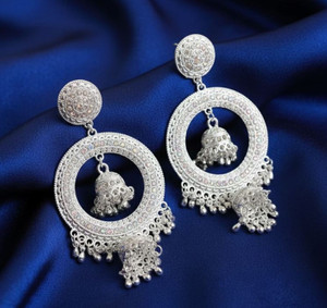 Tiijori Silver Wedding Partywear Chandbali Jhumka Earrings Beads, Pearl, Zircon, White Zircon Silver, Alloy, Stone Chandbali Earring