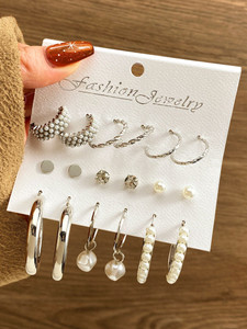 Vembley Combo Of 9 Pairs Silver Plated Earring Set Crystal, Pearl Alloy Hoop Earring