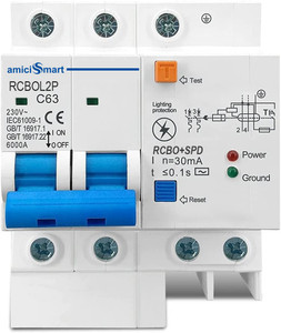 amiciSmart RCCB 63A Single Phase Breaker with Short-Circuit/Leakage/Lightning Protection Din Rail Mount MCB