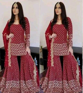 skyfiesta Georgette Embroidered Kurta & Sharara Fabric