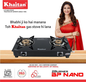Khaitan 2 Burner BP-NANO MS Black Toughenend Glass Manual Gas Stove