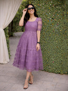 Tantukriti Women Fit and Flare Purple Midi/Calf Length Dress
