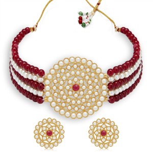 Sukkhi Alloy Gold-plated Maroon, White Jewellery Set