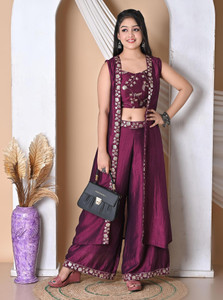 SPAMitude Girls Festive & Party Ethnic Jacket, Kurta and Palazzo Set