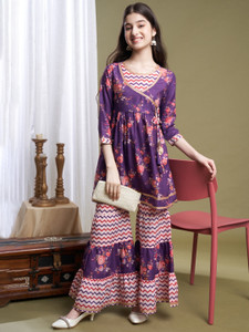 Curly Tales Girls Festive & Party Angarkha and Sharara Set