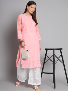 Felopie Women Chikan Embroidery A-line Kurta