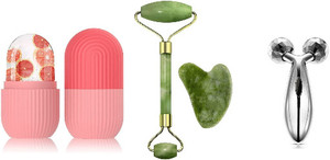 R FASHION Ice Roller,Face Stone Roller with Gua Sha Jade Roller and 3D Massager Roller Set Facial Combo For Skin Eye Body Ice Cube Roller Women Men Massager