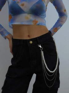 Its 4 You Rhinestone And Pearl Side Pant Chain,Wallet Chain (For Womens And Mens )) Mother of Pearl Sterling Silver Plated Stainless Steel Chain
