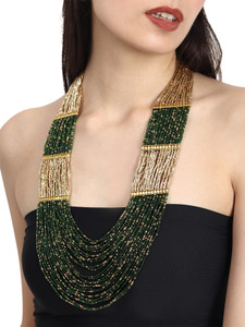 DCA Green & Gold Multilayer Ethnic Beaded Necklace for Women Glass Necklace