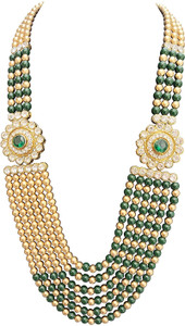 STIC 6 Layers 2 Sided Broach Golden - Green Dulha Mala for Engagement - Wedding Pearl Gold-plated Plated Stone Necklace Set