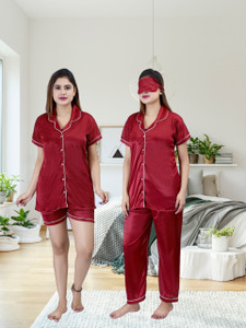 clothus Women Solid Maroon Shirt & Pyjama set
