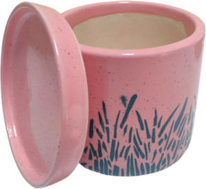 SBC SMALL TABLE TOP GRASS PRINTED WITH PLATE CERAMIC POT(PINK) Plant Container Set