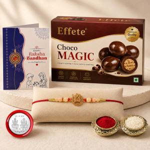 DeoDap Designer Rakhi Combo for Brother with Chocolate Magic(32-GM)Rakhi Gift | Y22K1_525_CM32 Assorted Rakhi, Chawal Roli Pack, Greeting Card, Coins Set