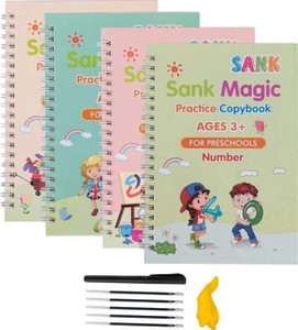Manogyam Magic Practice Copybook For Kids - Handwriting Practice For Kids, Reusable Children's Calligraphy Letter Tracing - Early Education Writing Practice Book - Sank Letters (4 Books With Pens)