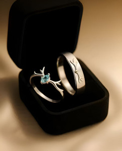 Jagannathm Silver Adjustable Couple Rings | Blue Stone Ring for Her & Engraved Band for Him Stainless Steel Cubic Zirconia Rhodium Plated Ring Set