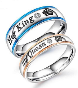 University Trendz Silver Plated Solitaire His and Her Crown Shape Matching Couple Ring for Men and Women (Set Of 2) Stainless Steel Cubic Zirconia Titanium Plated Ring Set