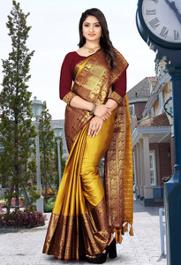 NIYAMI Printed, Self Design, Temple Border, Woven, Floral Print, Solid/Plain Banarasi Jacquard, Cotton Silk Saree