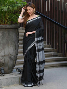 BENGAL SAREE UDYOG Solid/Plain, Striped, Woven Handloom Pure Cotton Saree