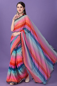 GAVUBAA Printed, Digital Print, Striped Bollywood Georgette Saree