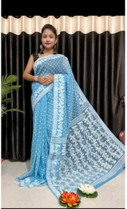 UR Affection Embroidered, Floral Print, Polka Print Jamdani Cotton Silk Saree